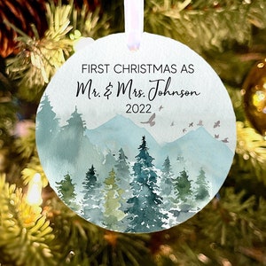 Our First as Mr and Mrs Christmas Ornament, First Christmas Married ornament, wedding gift ornament, rustic married ornament, mountain