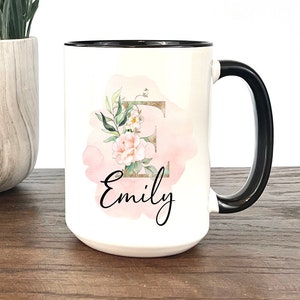 Personalized Coffee Mug,  Personalized name coffee mug, Initial mug,  botanical coffee mug, flower mug, gift for friend, custom coffee mug