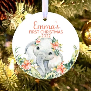 Babys First Christmas Ornament, Baby&#39;s 1st Christmas, Elephant Baby Ornament, baby shower gift, baby girl Ornament, Personalized Ornament