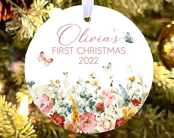 Babys First Christmas Ornament, Baby's 1st Christmas, Floral Baby Ornament, baby shower gift, baby girl Ornament, Personalized Ornament