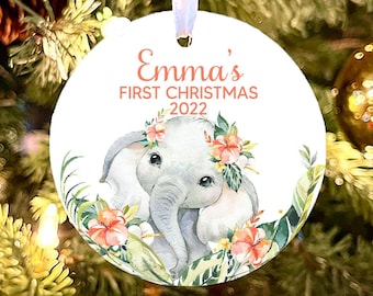 Babys First Christmas Ornament, Baby's 1st Christmas, Elephant Baby Ornament, baby shower gift, baby girl Ornament, Personalized Ornament