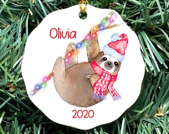 SLOTH COUPLE Christmas Ornament HAND MADE Polymer Clay CAN BE PERSONALIZED