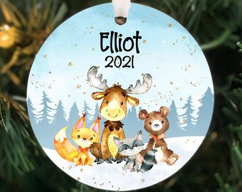 Children's Christmas Ornament, Woodland Ornament,  Kids Personalized Ornament, Photo Ornament, moose ornament, bear ornament, kids woodland