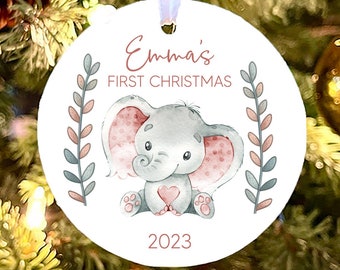 Personalized Baby's first Christmas Ornament, Elephant Baby's 1st Christmas Ornament, boho baby ornament, Ornament for baby girl, photo