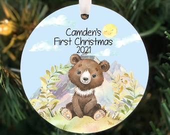 Babys First Christmas Ornament, bear Ornament, Baby woodland ornament, Baby Personalized Ornament, Photo Ornament, baby shower gift