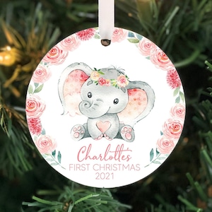 Babys First Christmas Ornament, Baby girl Personalized Ornament, Elephant Ornament,  Photo Ornament, baby shower gift, baby jungle, ceramic