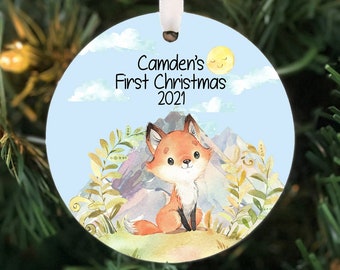 Babys First Christmas Ornament, Fox babys first Ornament, Baby woodland ornament, Baby Personalized Ornament, Photo Ornament, baby shower