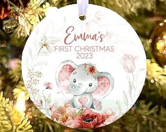 Personalized Baby's first Christmas Ornament, Elephant Baby's First Christmas Ornament, boho baby ornament, Ornament baby girl, boho floral