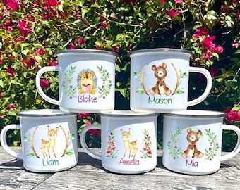 Kids camp mug personalized, woodland animal camp mug,  personalized camp mug, kids party favor, adventure camp mug, hot cocoa camp mug