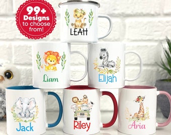 May include: Six white ceramic mugs with colorful rims and handles. Each mug features a different animal design and a name: Leah, Liam, Elijah, Riley, Aria, and Jack. The mugs are arranged in a pyramid shape on a white surface.