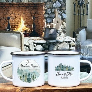 Personalized wedding camp mug, rustic wedding favor, mr mrs camp mug, wedding gift,  forest campfire mug, wedding party gift, anniversary
