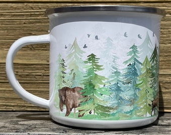 Camp mug,  forest camp mug, cute mug, camping mug, personalized camp mug, rv, nature lover, campfire mug, hiker camp mug, bear mug, moose