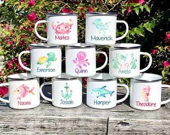 Ocean Life camp mug personalized, kid's camp mug,  personalized camp mug, kids party favor, adventure camp mug, hot cocoa camp mug, turtle