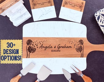 Personalized marble wood cutting board, Personalized Serving Board, Engraved Charcuterie Cheese Board, Housewarming Gift, Marble Coasters