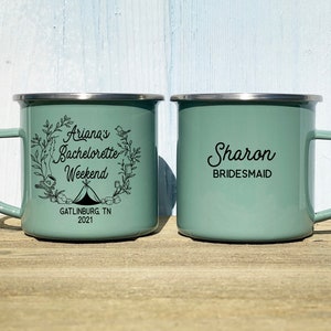 Bachelorette Party Camp mug, bridal party mug, wedding favor, personalized camp mug, campfire mug, mountain wedding, rustic wedding, bride