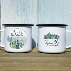 Bachelorette Party Camp mug, bridal party mug, wedding favor, personalized camp mug, campfire mug, mountain wedding, rustic wedding