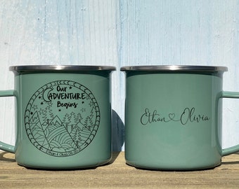 Personalized mountain wedding camp mug, rustic wedding favor, personalized camp mug, forest campfire mug, wedding party gift, anniversary
