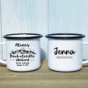 Bachelorette Party Camp mug, bridal party mug, wedding favor, personalized camp mug, campfire mug, mountain wedding, rustic wedding
