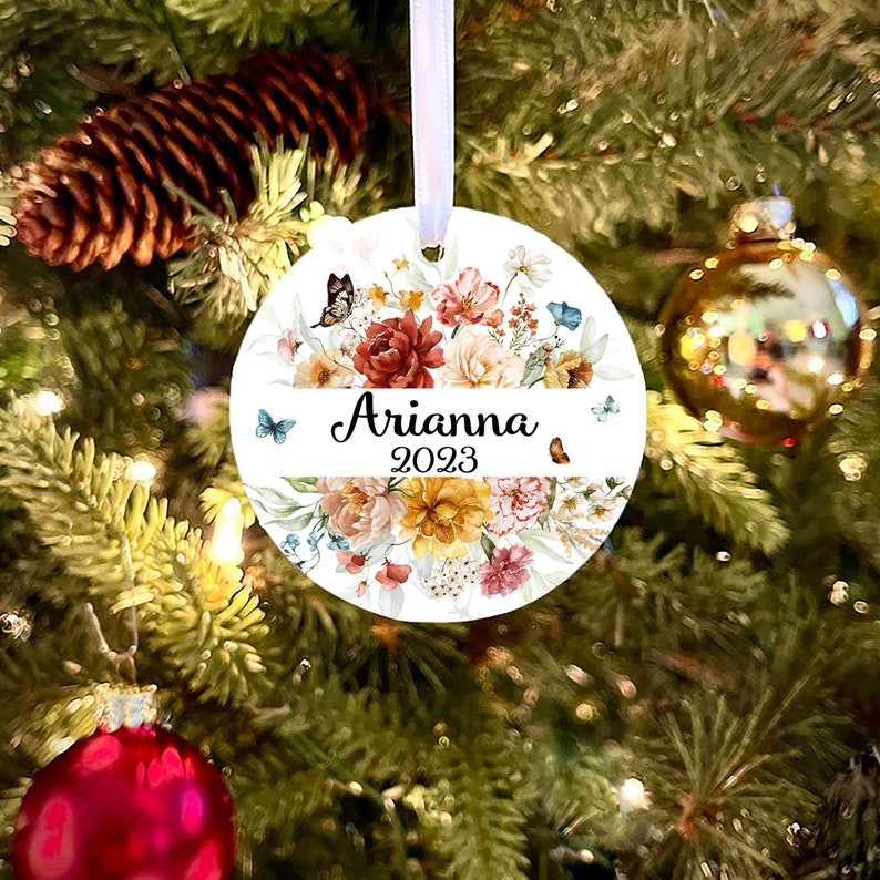 Personalized Christmas Ornament, boho Christmas Ornament, personalized Kid's ornament, teen ornament, butterfly Christmas ornament, floral afbeelding 1