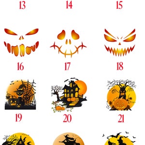 K&ouml;nnte beinhalten: Ein Set mit 24 Halloween-K&uuml;rbis-Schnitzvorlagen. Die Schablonen zeigen verschiedene gruselige Designs, darunter K&uuml;rbisgesichter, Spukh&auml;user und Hexen, die auf Besen fliegen.