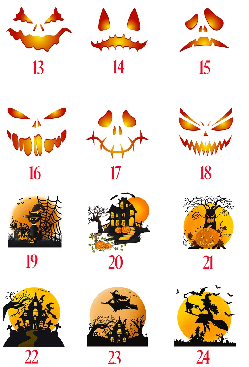 K&ouml;nnte beinhalten: Ein Set mit 24 Halloween-K&uuml;rbis-Schnitzvorlagen. Die Schablonen zeigen verschiedene gruselige Designs, darunter K&uuml;rbisgesichter, Spukh&auml;user und Hexen, die auf Besen fliegen.