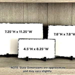 May include: Three rectangular and square white slate plaques with rough, dark edges, each supported by small black stands. The plaques display dimensions: 7.25"H x 11.25"W, 7.8"H x 7.8"W, and 4.5"H x 8.25"W. Text notes dimensions are approximate.