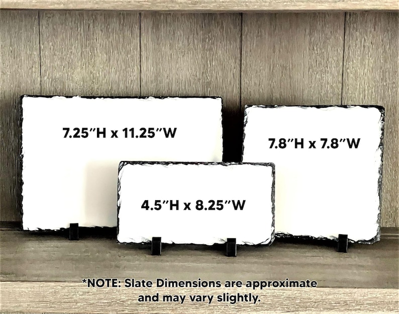 May include: Three rectangular and square white slate plaques with rough, dark edges, each supported by small black stands. The plaques display dimensions: 7.25"H x 11.25"W, 7.8"H x 7.8"W, and 4.5"H x 8.25"W. Text notes dimensions are approximate.