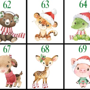 May include: A set of ten Christmas-themed illustrations featuring various animals wearing Santa hats. The animals include a raccoon, a goat, a deer, a pig, a horse, a meerkat, a bear, a lion, a crocodile, and a car with a snowman on top.