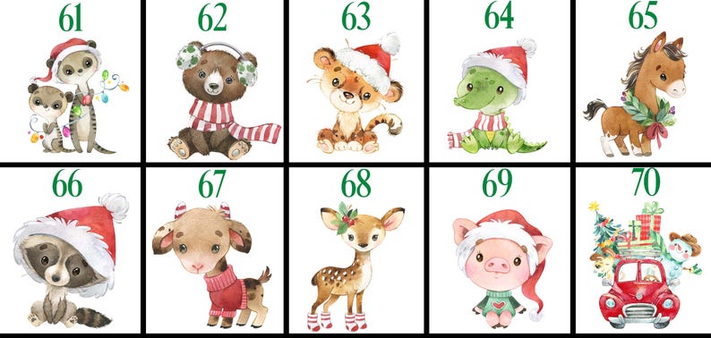 May include: A set of ten Christmas-themed illustrations featuring various animals wearing Santa hats. The animals include a raccoon, a goat, a deer, a pig, a horse, a meerkat, a bear, a lion, a crocodile, and a car with a snowman on top.