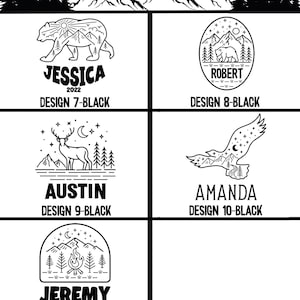 May include: Five different designs for a personalized mountain range graphic with a name and design number. The designs include a bear, a deer, a bird, a campfire, and a bear in a circle. The text below each design includes the name, the year 2022, and the design number.