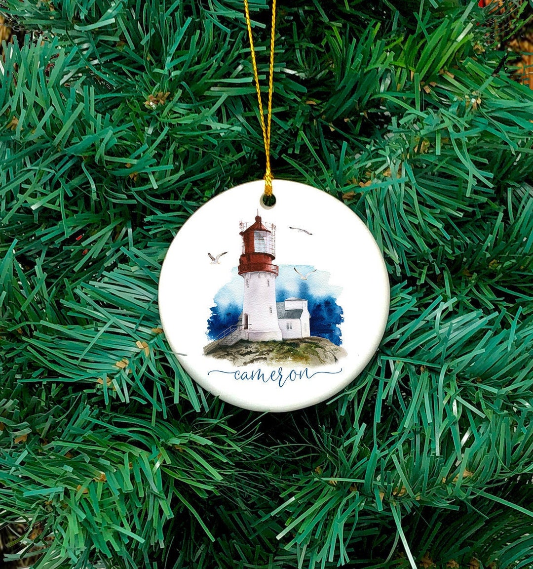 Lighthouse Christmas Ornament, Coastal Christmas Ornament, Personalized