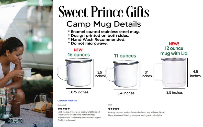 May include: Three white enamel camping mugs with black rims. The mugs are 11, 12, and 16 ounces. The 12-ounce mug has a lid. The mugs are 3.5, 3.1, and 3.875 inches wide. The mugs are 4.5, 3.1, and 3.5 inches tall.