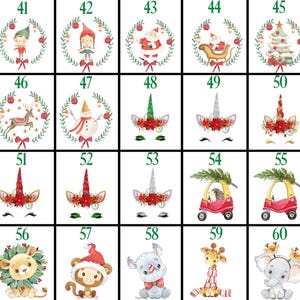 May include: A set of 20 Christmas-themed digital clipart images. The images feature a variety of characters and objects, including a reindeer, a snowman, a unicorn, a car, and a lion. The images are ideal for use in crafting projects, scrapbooking, and digital design.