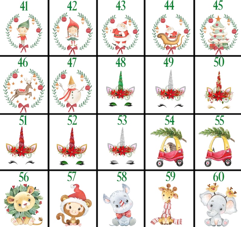 May include: A set of 20 Christmas-themed digital clipart images. The images feature a variety of characters and objects, including a reindeer, a snowman, a unicorn, a car, and a lion. The images are ideal for use in crafting projects, scrapbooking, and digital design.