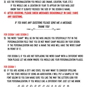 May include: Ordering instructions for a personalized mug with a mountain design. The instructions include information about selecting the design, mug type, and personalization. It also includes a sample of the font used for personalization.