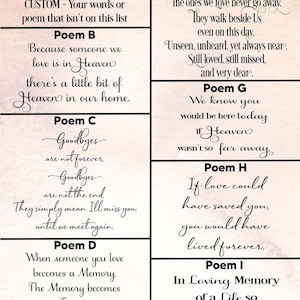 May include: A grid of nine memorial poem options labeled Poem A through Poem I, printed in black script and serif fonts on a light beige background. The text includes phrases like In Loving Memory Of, Heaven, and various verses about remembrance.