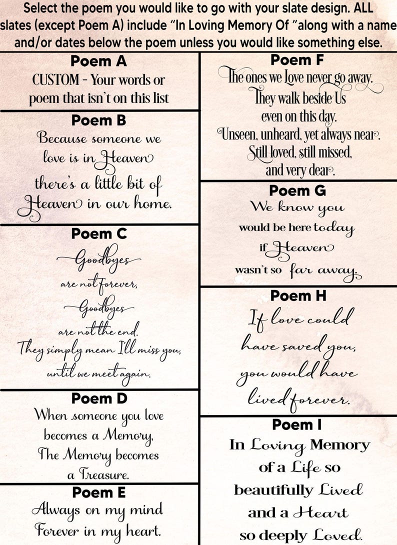 May include: A grid of nine memorial poem options labeled Poem A through Poem I, printed in black script and serif fonts on a light beige background. The text includes phrases like In Loving Memory Of, Heaven, and various verses about remembrance.