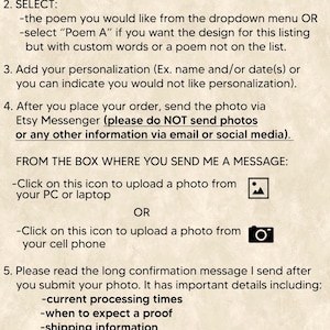 May include: An instructional guide titled HOW TO ORDER with seven numbered steps on a light beige background. It details selecting a poem, adding personalization, uploading photos via Etsy Messenger using specific icons, and the proofing process.