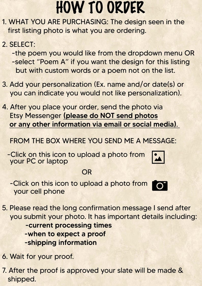May include: An instructional guide titled HOW TO ORDER with seven numbered steps on a light beige background. It details selecting a poem, adding personalization, uploading photos via Etsy Messenger using specific icons, and the proofing process.