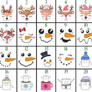 May include: Twenty illustrated Christmas-themed images, including reindeer, snowmen, and mugs with marshmallows. Each image is numbered 1 through 20.