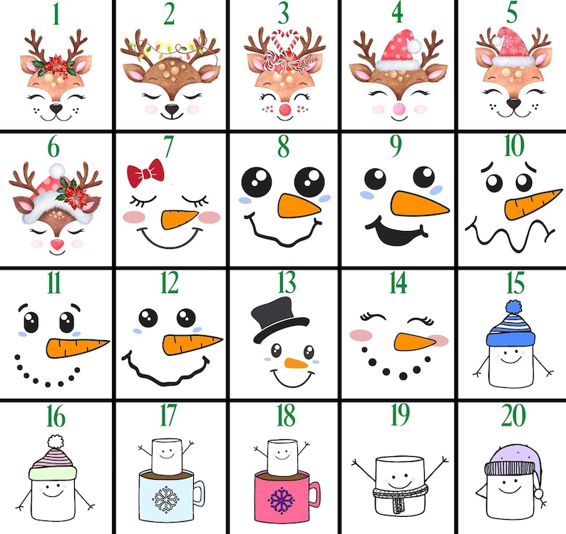 May include: Twenty illustrated Christmas-themed images, including reindeer, snowmen, and mugs with marshmallows. Each image is numbered 1 through 20.