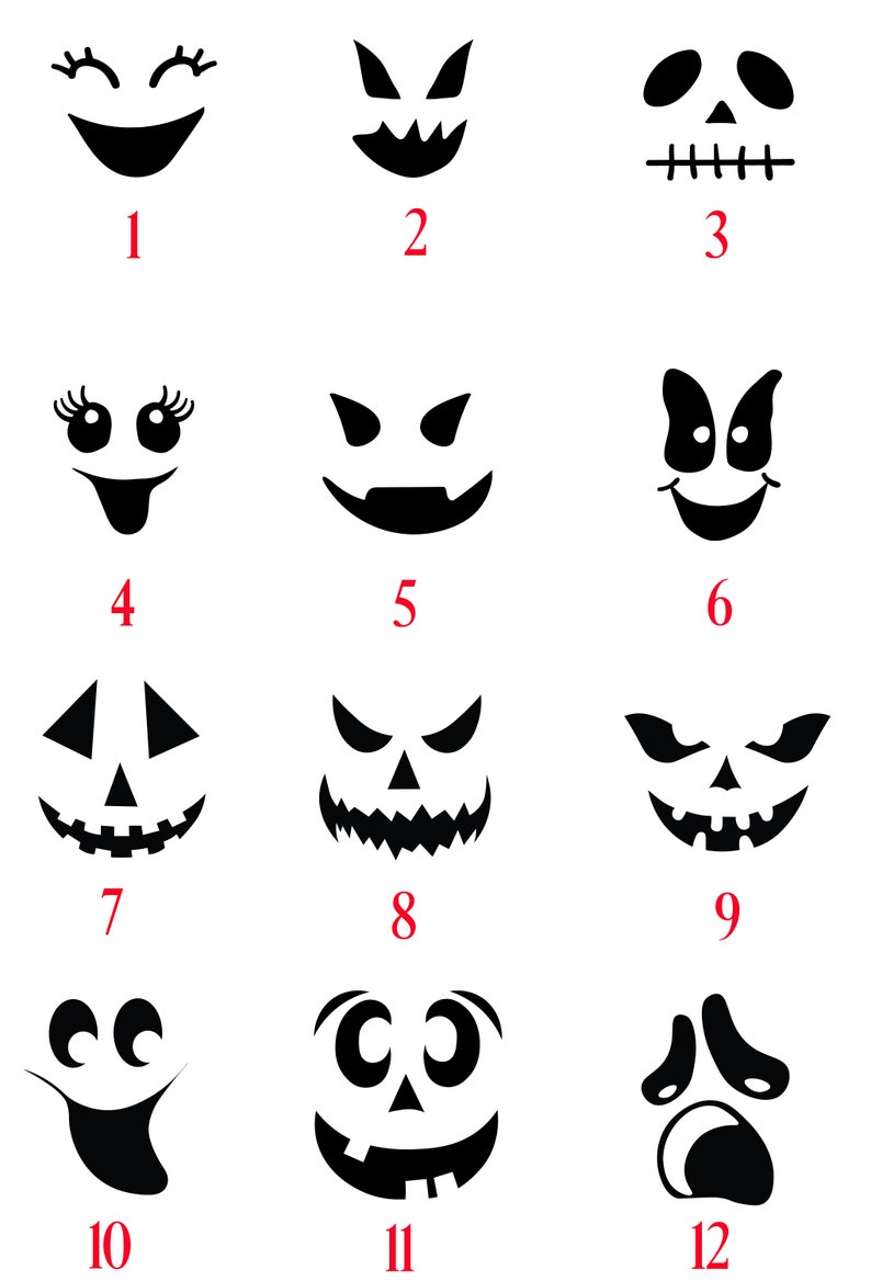 K&ouml;nnte beinhalten: Zw&ouml;lf verschiedene Halloween-K&uuml;rbis-Schnitzvorlagen, jede mit einem einzigartigen Gesichtsausdruck. Die Vorlagen sind von 1 bis 12 nummeriert.