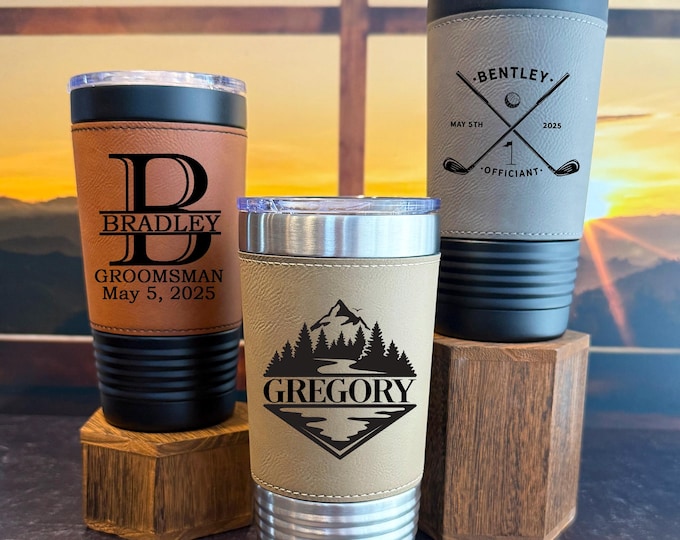 Personalized Leather Tumbler | Groomsmen Gift | Custom 20oz Travel Mug | Engraved Leather Mug | Best Man Gift | Wedding Party Gift