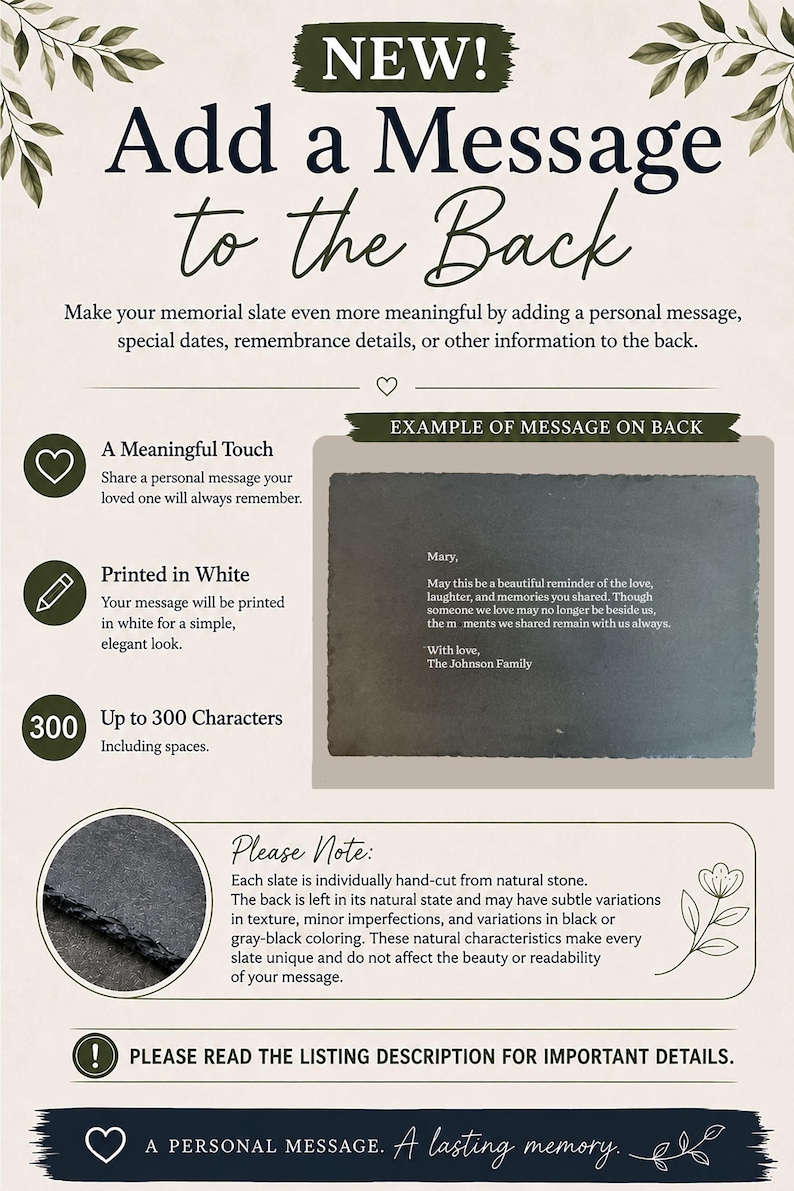 May include: An informational graphic about adding a custom message to the back of a memorial slate. It features text, icons, and a sample image of a dark gray stone with white printed text. It explains the process, character limit, and natural stone.