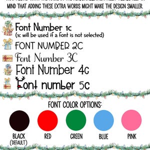 May include: A guide for personalising a mug with different font styles and colours. The image shows five font options, labelled 1c, 2c, 3c, 4c, and 5c. It also shows five colour options: black, red, green, blue, and pink. The text says "Please include your font selection and font colour choice in the personalisation field when ordering. Font 1c and black text will be used if none are selected."