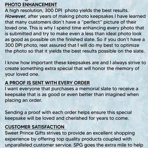 May include: A light blue informational graphic with black text titled Why Choose Sweet Prince Gifts? The text details photo enhancement services, the inclusion of a proof with every order, and a commitment to customer satisfaction for memorial slates.