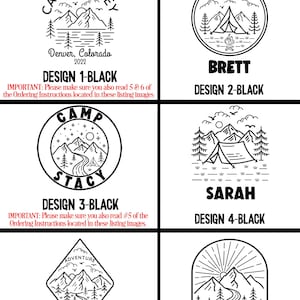 May include: Six different designs for a black and white camping mug. Each design features a different illustration of a mountain scene with a campfire, tent, or river. The designs are labeled with the names "Hailey", "Brett", "Stacy", "Sarah", "Tyler", and "Danielle".