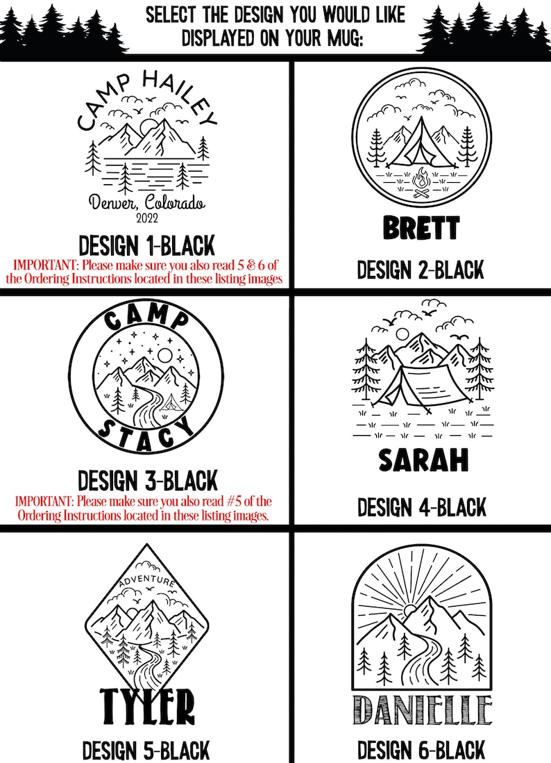 May include: Six different designs for a black and white camping mug. Each design features a different illustration of a mountain scene with a campfire, tent, or river. The designs are labeled with the names "Hailey", "Brett", "Stacy", "Sarah", "Tyler", and "Danielle".