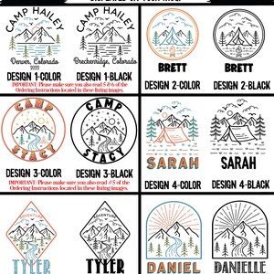 K&ouml;nnte beinhalten: Ein Grafikdesignblatt mit 10 verschiedenen Designs f&uuml;r eine Tasse. Die Designs zeigen verschiedene Campingmotive, darunter Berge, B&auml;ume, Zelte und Fl&uuml;sse. Die Designs sind sowohl in Farbe als auch in Schwarzwei&szlig; erh&auml;ltlich. Der Text auf dem Blatt enth&auml;lt die Namen der Designs, die Farben und die Bestellanweisungen.