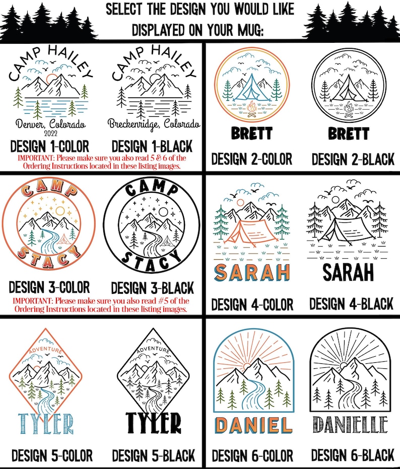 K&ouml;nnte beinhalten: Ein Grafikdesignblatt mit 10 verschiedenen Designs f&uuml;r eine Tasse. Die Designs zeigen verschiedene Campingmotive, darunter Berge, B&auml;ume, Zelte und Fl&uuml;sse. Die Designs sind sowohl in Farbe als auch in Schwarzwei&szlig; erh&auml;ltlich. Der Text auf dem Blatt enth&auml;lt die Namen der Designs, die Farben und die Bestellanweisungen.